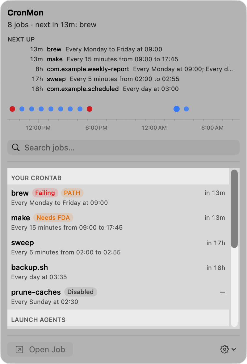 The CronMon popover: a summary line, a Next up list of the five closest runs with how long until each, a 24-hour strip with a dot per run, a search field, and the jobs grouped under your crontab and the launch agents.