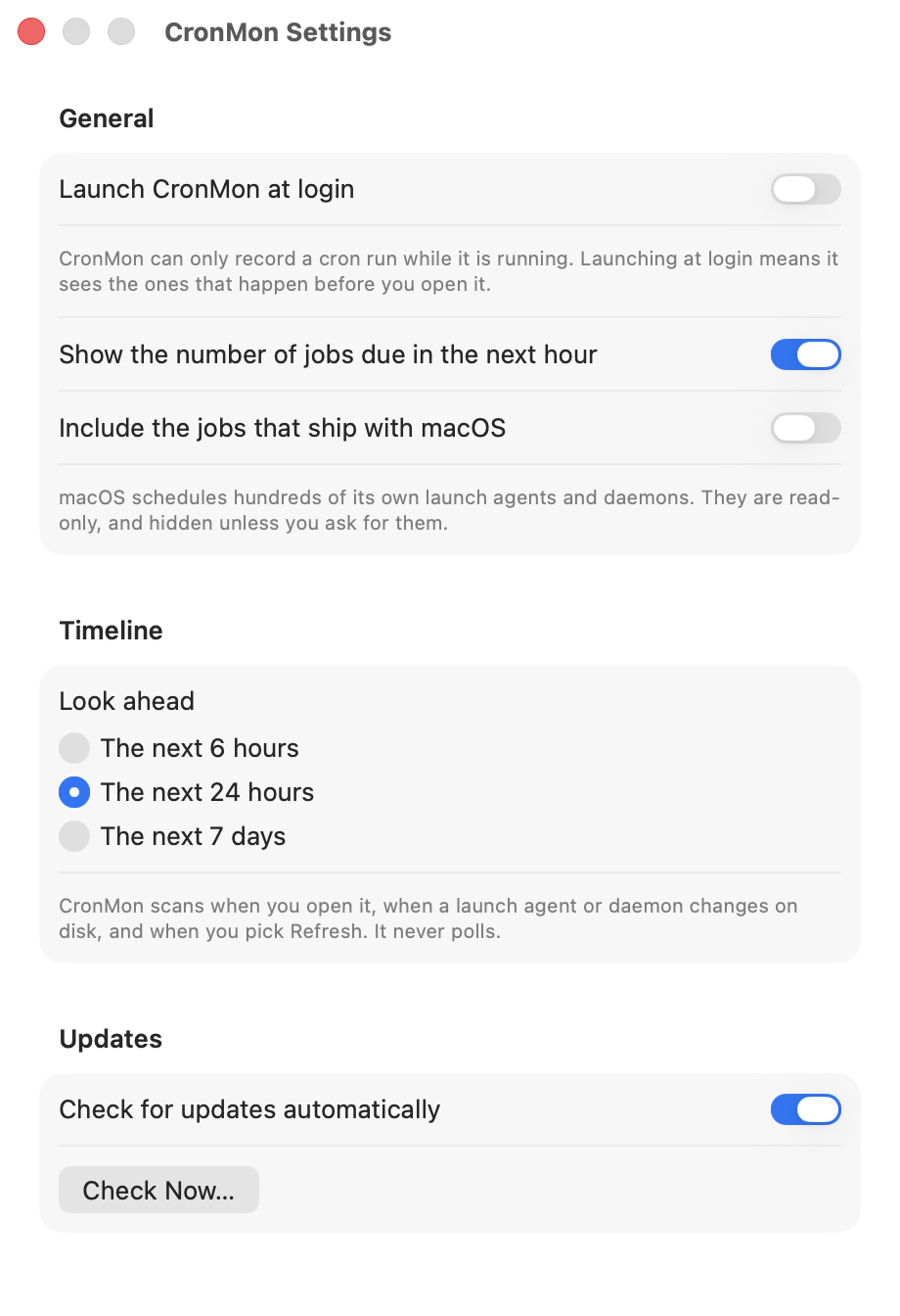 CronMon's Settings window: General with launch at login, the menu bar count and the macOS jobs switch; Timeline with the 6 hours, 24 hours and 7 days choices; Updates with the automatic check and a Check Now button.