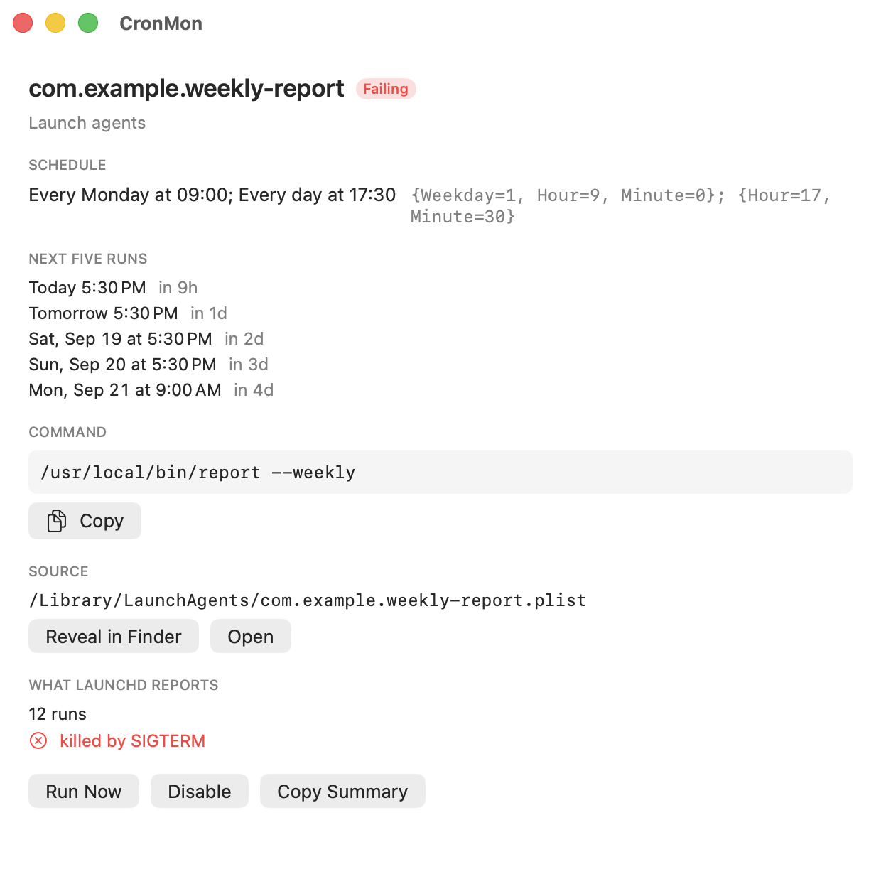 A launch agent's detail view: the schedule in plain English beside the raw StartCalendarInterval, the next five runs, the command, the property list path with Reveal in Finder and Open, and a section headed What launchd reports with the run count, last run and last exit code.